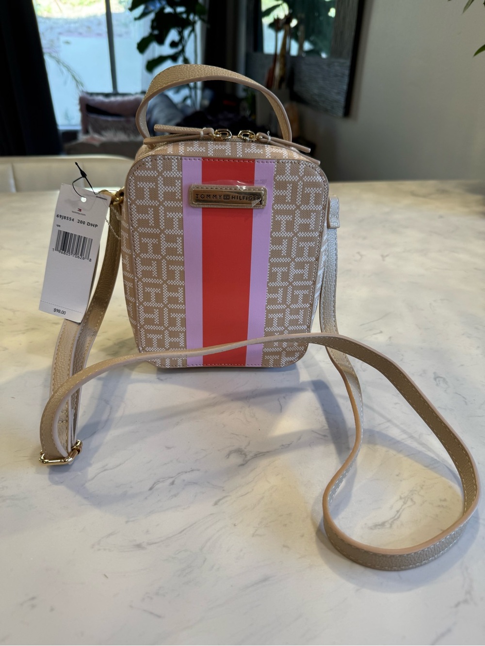 Tommy Hilfiger Beige Crossbody with Pink & Coral Center Stripe